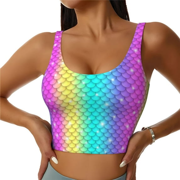Xecao Rainbow Scales2 for Sports Bra with Removable Pads, Crop Tank Top Design, Women's Longline Sports Bra - Non-Wired - XX-Large