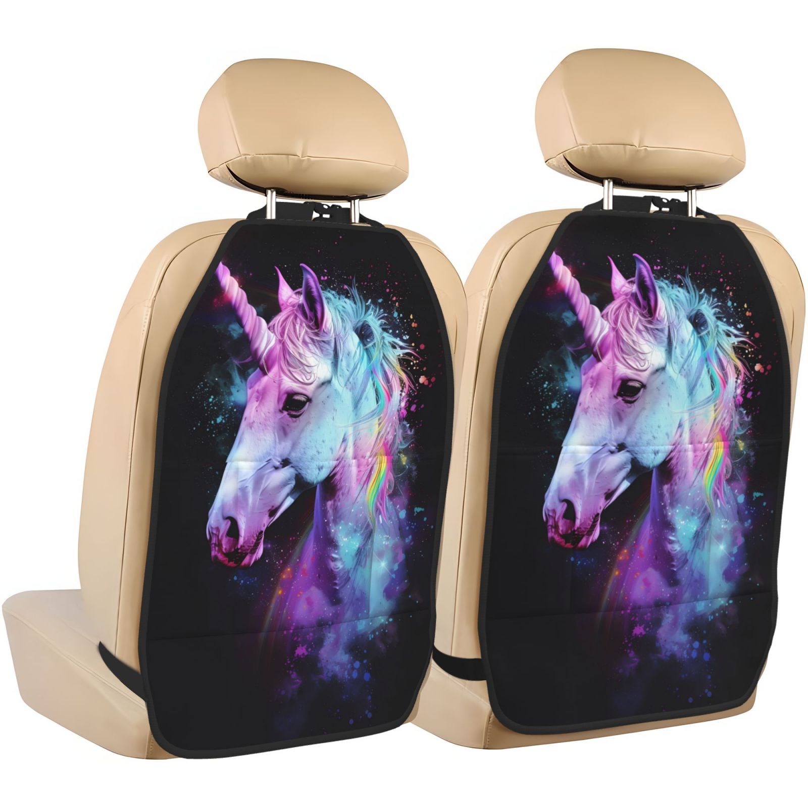 Xecao Rainbow Spotted White Horse Pattern Car Seat Back Protector 2 Pack Large Capacity Pocket, Kick Mats Back Seat Protector
