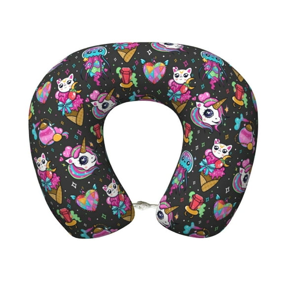 Xecao Rainbow Unicorn And Cat Icecream Print Memory Foam Cervical Neck Pillow Versatile U-Shaped Pillows for Home,Office,Camping,Travelling,Soft Washable Cover