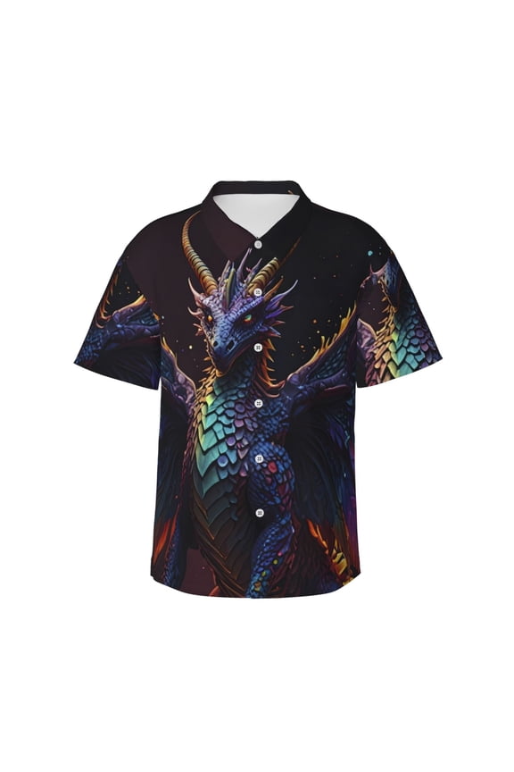 Rainbow Wings Majestic Dragon Print Hawaiian shirt - A Stylish Short-Sleeve Button-Down for Men, Perfect for Casual Beach and Tropical Outings.,Large