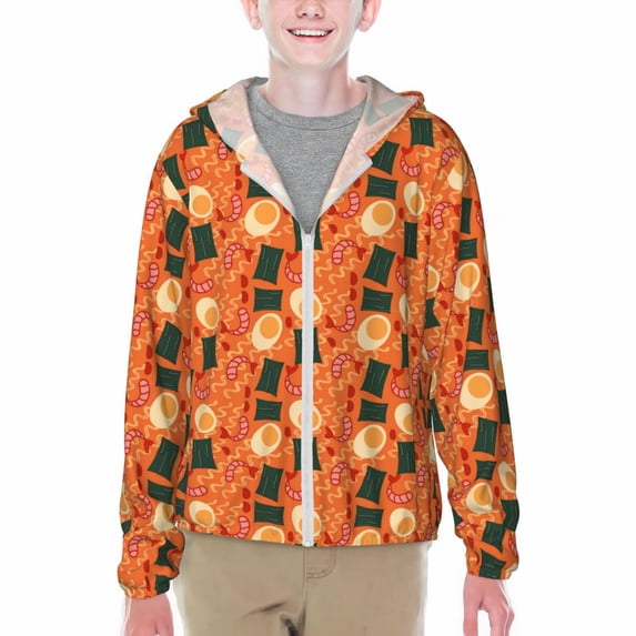 Xecao Ramen Noodle Soup Print Fishing Shirts for teenager Long Sleeve UV Sun Protection Hoodie with Zipper Outdoor Hiking Shirts-Small