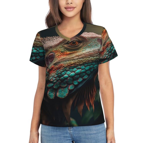 Xecao Realistic Colorful Chameleon for Women's V-Neck T-Shirts-Elegant Half-Sleeve Tops Perfect for Summer-Medium