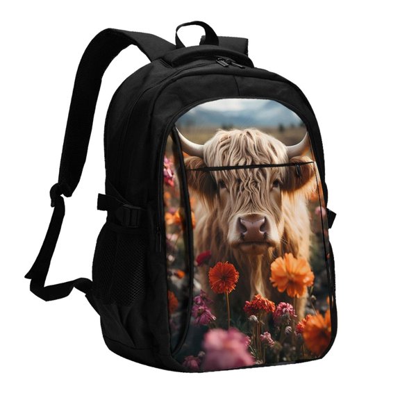 Xecao Realistic Flower Cow for Travel Laptop Backpack, USB-Charging-Enabled, Spacious Business Backpack for Men and Women,College School Computer Bag