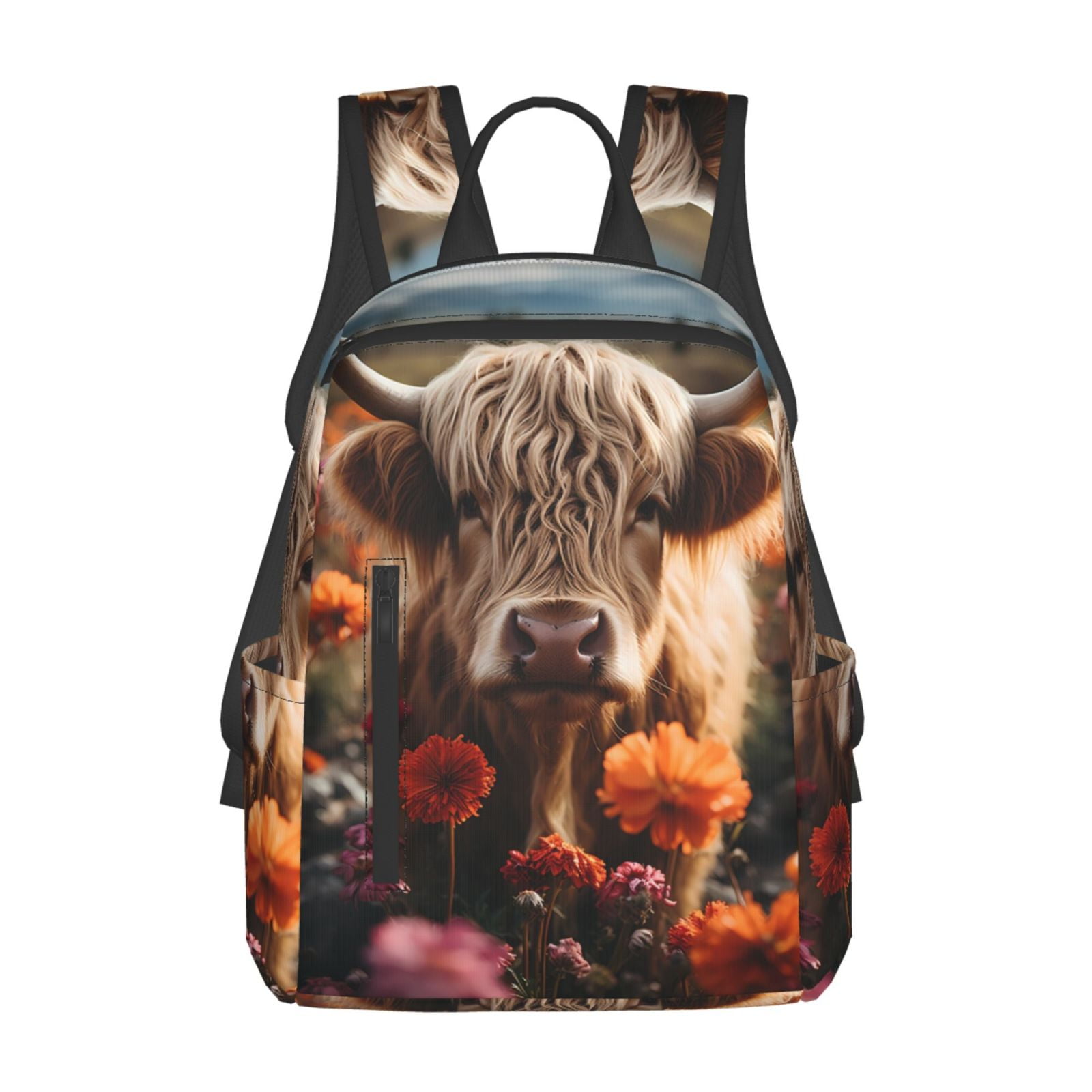 Xecao Realistic Flower Cow print Backpack For women men Aesthetic Lightweight Travel Daypack Simple Cute Backpack For Bookbag