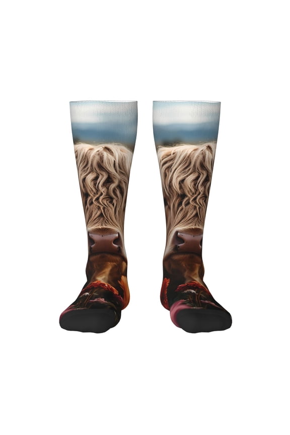 Realistic Flower Cow print thigh-high socks, crafted for both men and women with a stretchy, high-opaque design perfect for daily wear
