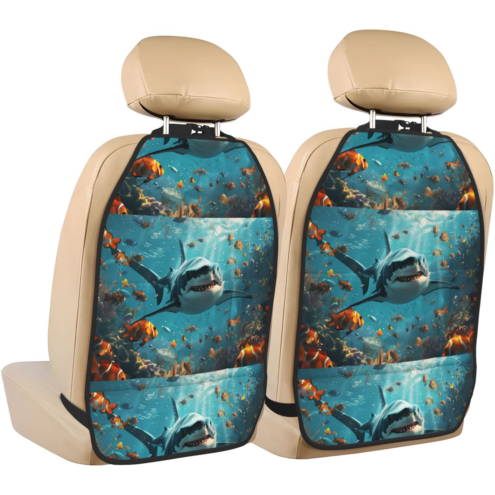 Xecao Realistic Ocean Shark Pattern Car Seat Back Protector 2 Pack Large Capacity Pocket, Kick Mats Back Seat Protector