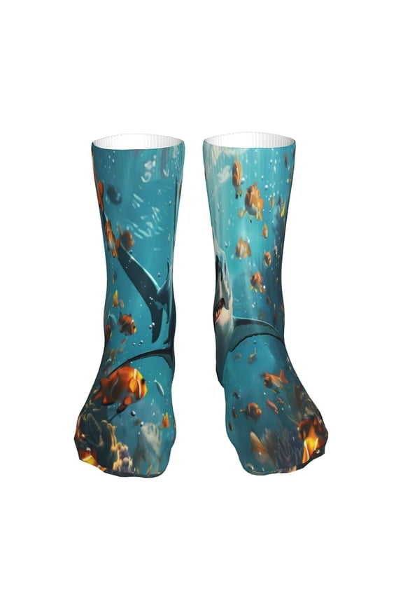 Realistic Ocean Shark Print Fashion No Heel Casual Crew Socks Cushioned Breathable for Men Women - Moisture wicking,Not easy to fade Suitable for daily