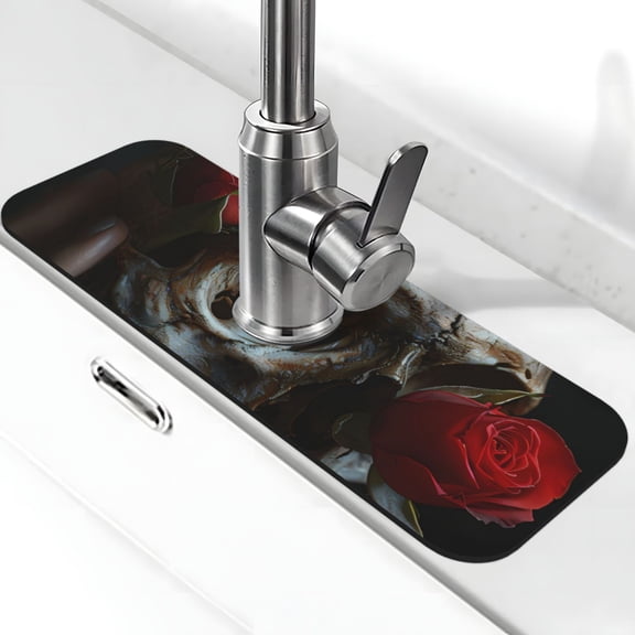 Xecao Realistic Rose Skull for Kitchen Sink Splash Guard Faucet Mat , Faucet Guard & Draining mat, (15" X 5.5" )