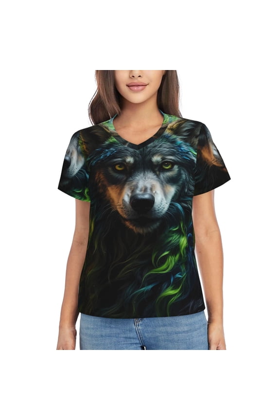 Realistic Style Colorful Wolf A for Women's V-Neck T-Shirts-Elegant Half-Sleeve Tops Perfect for Summer-Medium