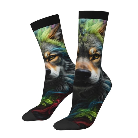 Xecao Realistic Style Colorful Wolf Pattern Sport Socks for Women and Men Crew Socks Sporty Calf Socks Casual Socks