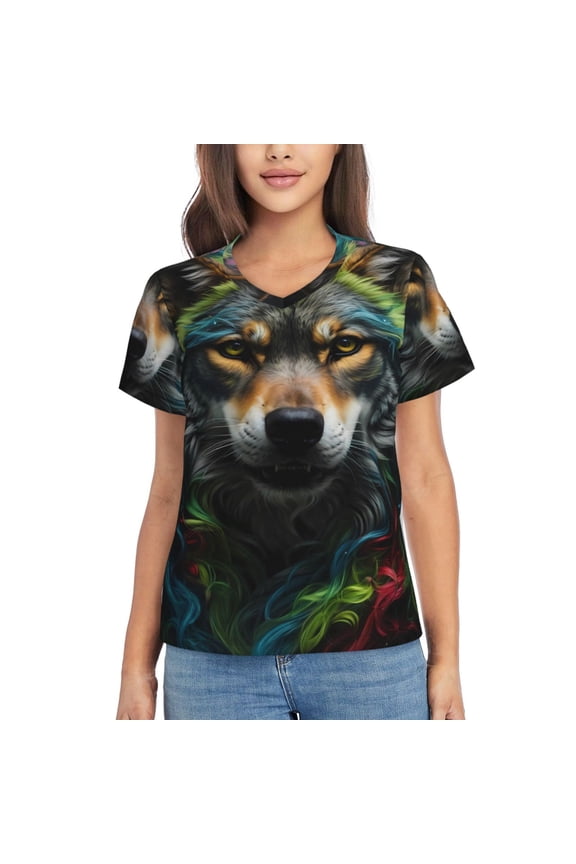 Realistic Style Colorful Wolf for Women's V-Neck T-Shirts-Elegant Half-Sleeve Tops Perfect for Summer-X-Large