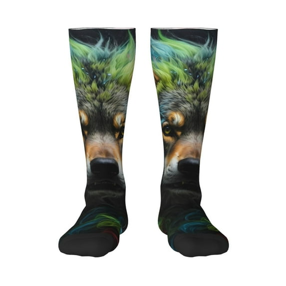 Xecao Realistic Style Colorful Wolf print thigh-high socks, crafted for both men and women with a stretchy, high-opaque design perfect for daily wear