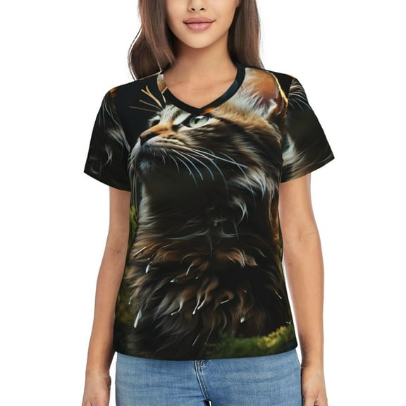Xecao Realistic Style Cute Cat for Women's V-Neck T-Shirts-Elegant Half-Sleeve Tops Perfect for Summer-XX-Large