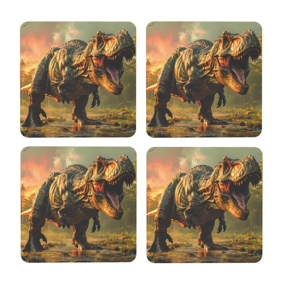 Xecao Realistic Style Forest Dinosaur for MDF Cork Coaster 4 Pcs,Drink Coasters,Suit for House Warming Gifts New Home ,Coffee Table Decor-Square