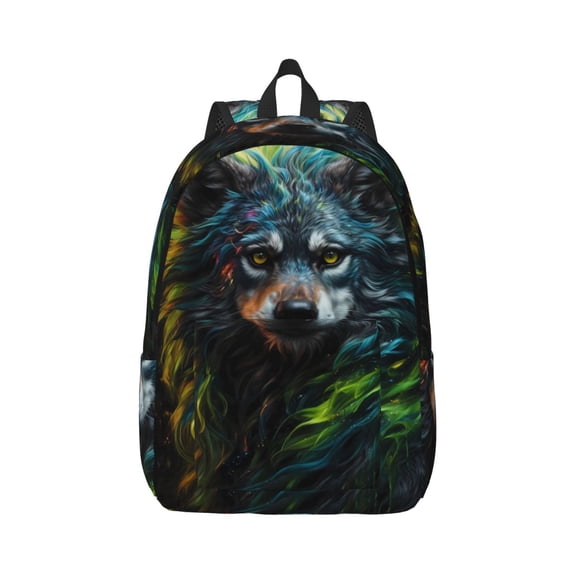 Xecao Realistic Style Green Fur Wolf for Canvas College Laptop Backpack, Durable Rucksack Travel Notebook Bag School Backpack Book Bag for Men Women