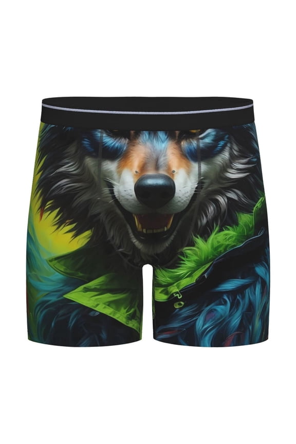 Realistic Style Wolf Warrior Print Boxer Briefs for Men's Stretch Moisture-Wicking Underwear, Mid-Rise Classics breathable fabric