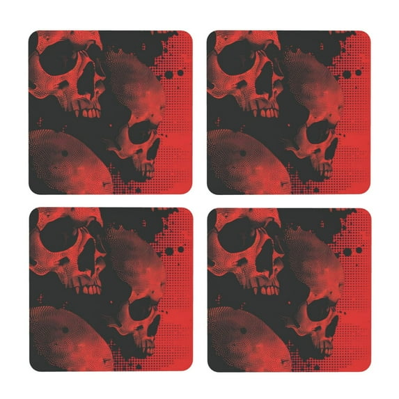 Xecao Red And Black Abstract Skull for MDF Cork Coaster 4 Pcs,Drink Coasters,Suit for House Warming Gifts New Home ,Coffee Table Decor-Square