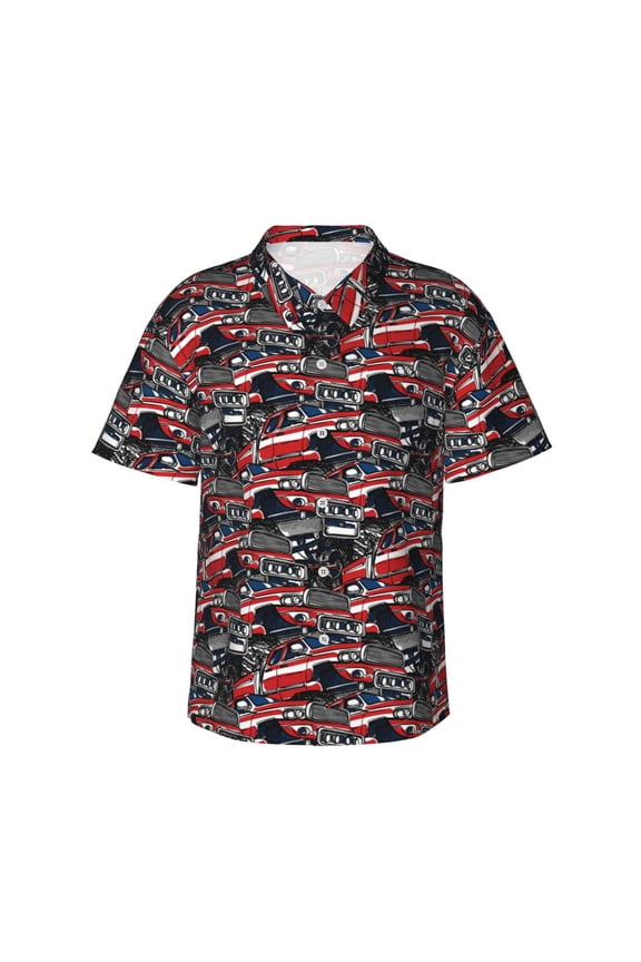 Red And Blue Cars print Hawaiian shirt - a stylish short-sleeve button-down for men, perfect for casual beach and tropical outings.