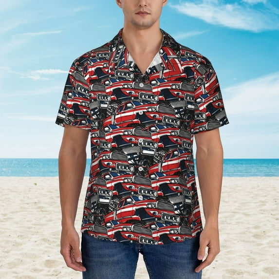 Xecao Red And Blue Cars print Hawaiian shirt - a stylish short-sleeve button-down for men, perfect for casual beach and tropical outings.