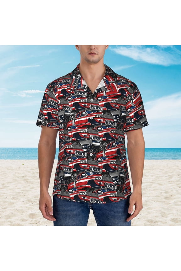 Red And Blue Cars print Hawaiian shirt - a stylish short-sleeve button-down for men, perfect for casual beach and tropical outings.