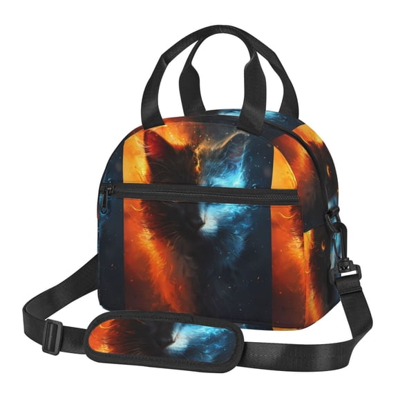 Xecao Red And Blue Fire Cat Print Insulated Lunch Box, Lunch Cags Lunch Bag Featuring An Adjustable Shoulder Strap