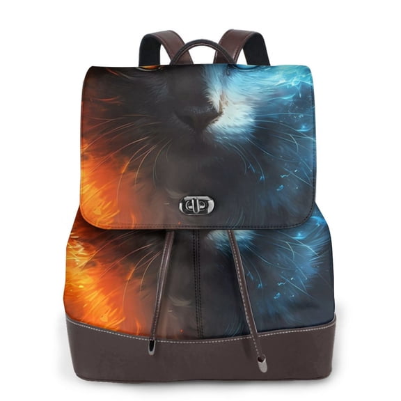 Xecao Red And Blue Fire Cat Print Large Backpack Soft Leather for Women Travel with Compartment, Adjustable Convertible Strap