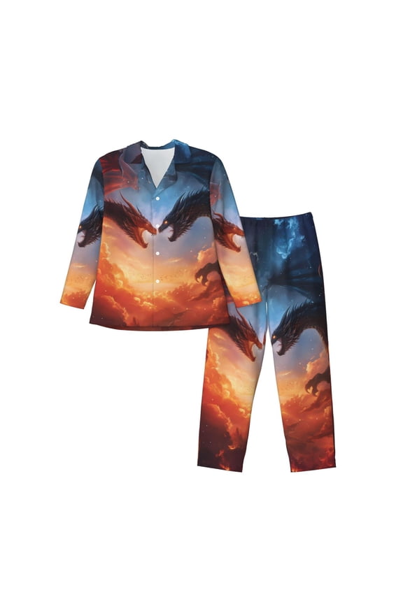 Red And Blue Fire Cloud Dragon Print Pajamas Set Mens Pajamas Long Sleeve Loungewear Two-Piece Sleepwear Button-Down Pjs Set,2PJS-X-Large