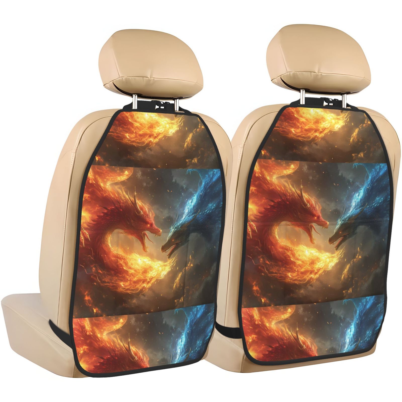 Xecao Red And Blue Fire Dragon B Pattern Car Seat Back Protector 2 Pack Large Capacity Pocket, Kick Mats Back Seat Protector