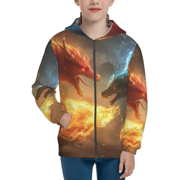 Xecao Red And Blue Fire Dragon B Pattern Zip Up Hoodies for Boys Girls, Sweatshirt with Pockets-