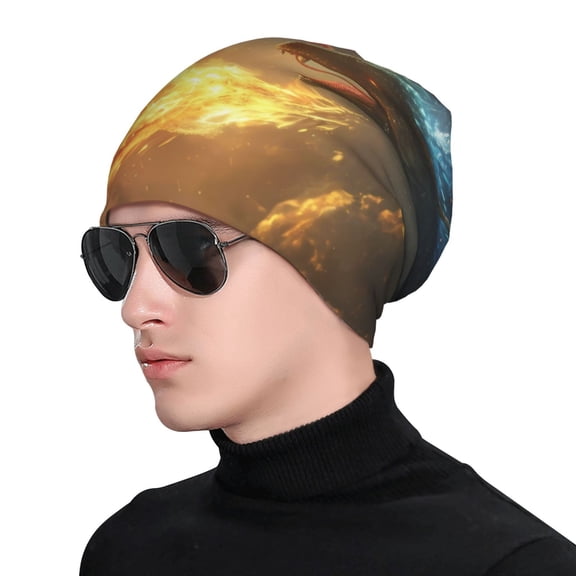 Xecao Red And Blue Fire Dragon B Print Beanie Knitted Hat for Men Women, Winter Fashion Knit Cuffed Caps Unisex