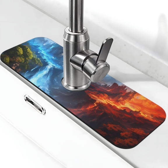 Xecao Red And Blue Fire Mountains for Kitchen Sink Splash Guard Faucet Mat , Faucet Guard & Draining mat, (15" X 5.5" )
