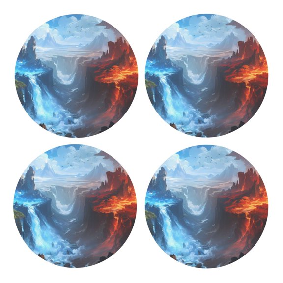 Xecao Red And Blue Fire Mountains for MDF Cork Coaster 4 Pcs,Drink Coasters,Suit for House Warming Gifts New Home ,Coffee Table Decor-Round Shape