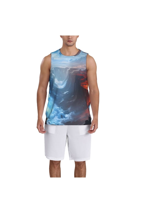 Red And Blue Fire Mountains print basketball shirt for both men and women, a unisex basketball jersey perfect for theme parties-X-Large