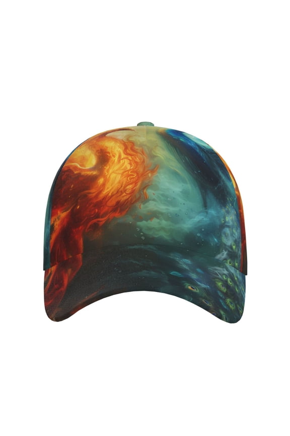 Red And Blue Fire Peacock for Baseball Cap: Unisex, crafted from classic polyester twill fabric, featuring a soft unconstructed design