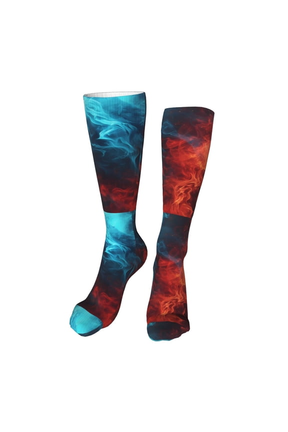 Red And Blue Fire Print Calf Socks Seamless Toe, Knee High Long Socks, Sports Socks Trouser Socks for Women and Men-One Size