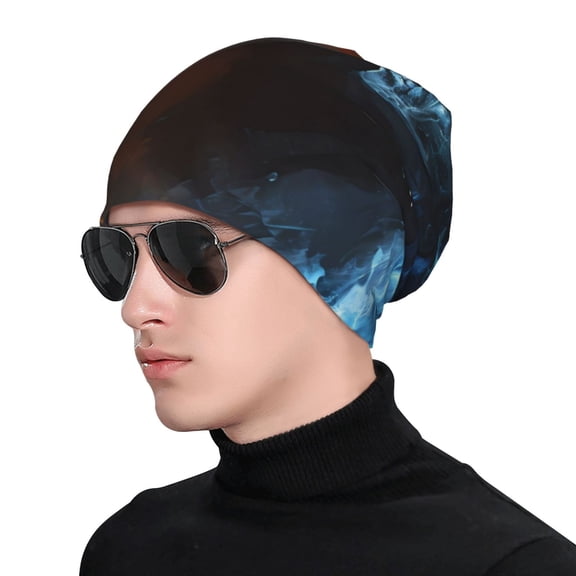 Xecao Red And Blue Fire Skull Warrior Print Beanie Knitted Hat for Men Women, Winter Fashion Knit Cuffed Caps Unisex