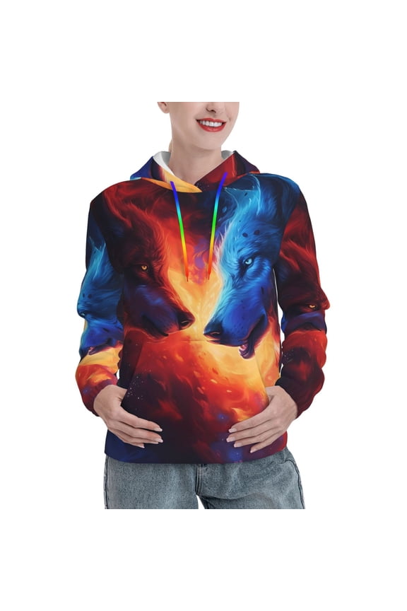Red And Blue Fire Wolf Pattern Hoodies for Women Sweatshirts Long Sleeve Sweatshirts Pullover Outfits with Pocket-