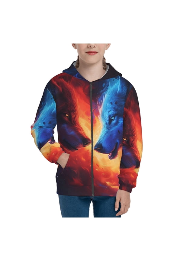 Red And Blue Fire Wolf Pattern Zip Up Hoodies for Boys Girls, Sweatshirt with Pockets-Medium