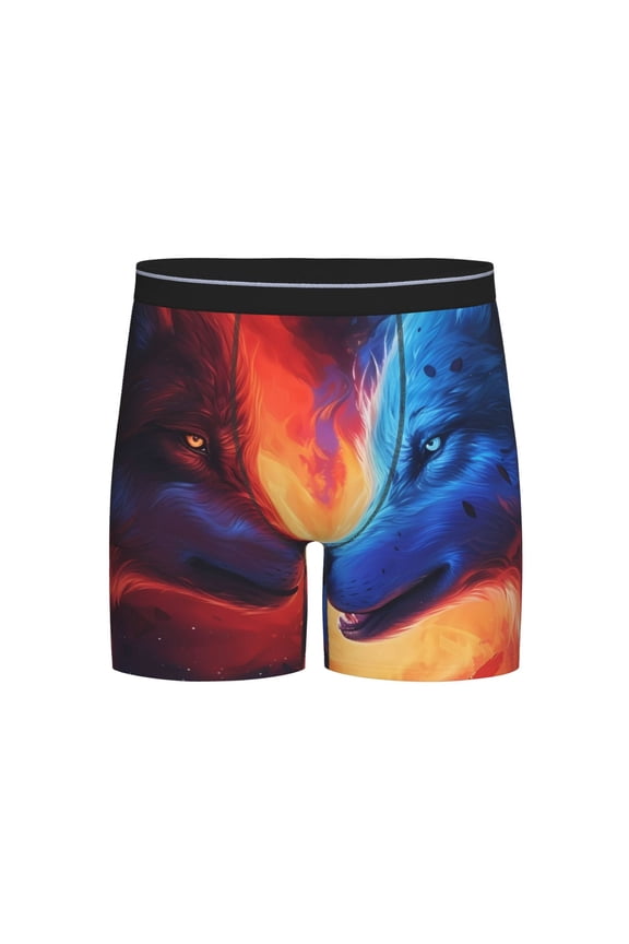 Red And Blue Fire Wolf Print Boxer Briefs for Men's Stretch Moisture-Wicking Underwear, Mid-Rise Classics breathable fabric
