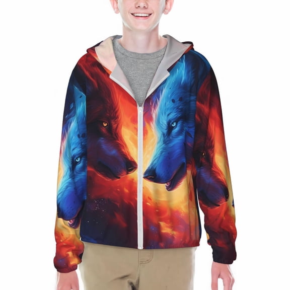 Xecao Red And Blue Fire Wolf Print Fishing Shirts for teenager Long Sleeve UV Sun Protection Hoodie with Zipper Outdoor Hiking Shirts-Large