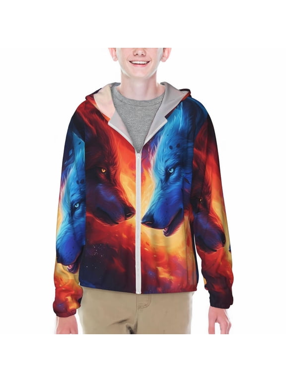 Red And Blue Fire Wolf Print Fishing Shirts for teenager Long Sleeve UV Sun Protection Hoodie with Zipper Outdoor Hiking Shirts-Small