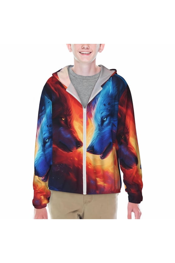 Red And Blue Fire Wolf Print Fishing Shirts for teenager Long Sleeve UV Sun Protection Hoodie with Zipper Outdoor Hiking Shirts-XX-Large