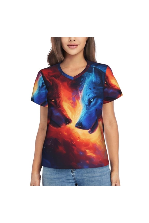 Red And Blue Fire Wolf for Women's V-Neck T-Shirts-Elegant Half-Sleeve Tops Perfect for Summer-Small