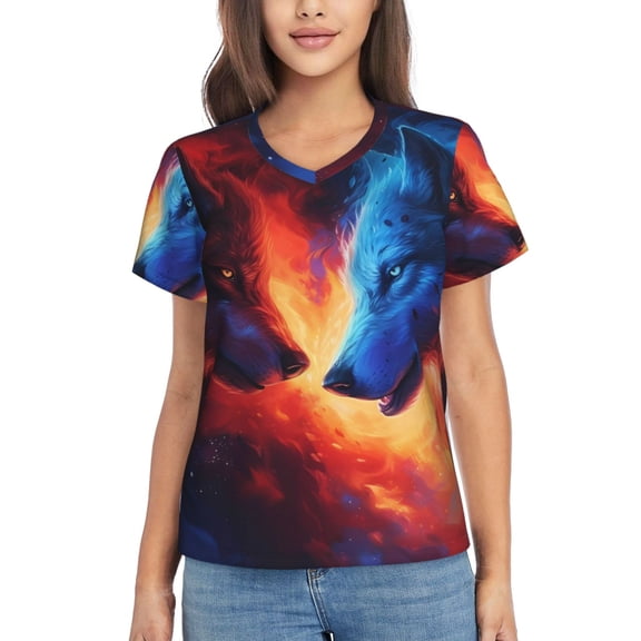 Xecao Red And Blue Fire Wolf for Women's V-Neck T-Shirts-Elegant Half-Sleeve Tops Perfect for Summer-XX-Large
