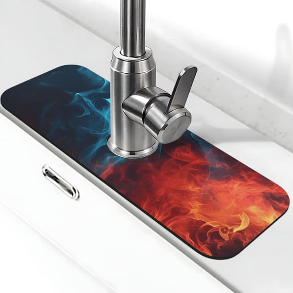 Xecao Red And Blue Fire for Kitchen Sink Splash Guard Faucet Mat , Faucet Guard & Draining mat, (15" X 5.5" )
