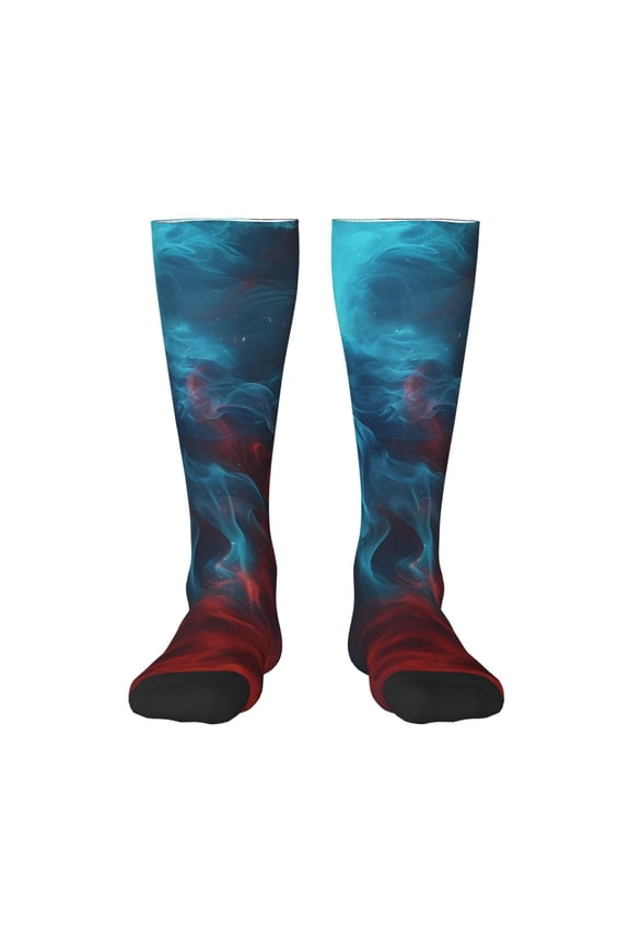 Red And Blue Fire print thigh-high socks, crafted for both men and women with a stretchy, high-opaque design perfect for daily wear