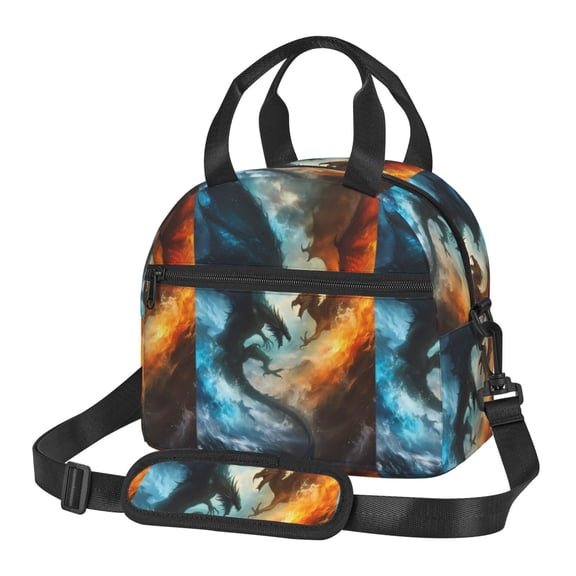 Xecao Red And Blue Flame Wave Dragon Print Insulated Lunch Box, Lunch Cags Lunch Bag Featuring An Adjustable Shoulder Strap