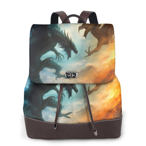 Xecao Red And Blue Flame Wave Dragon Print Large Backpack Soft Leather for Women Travel with Compartment, Adjustable Convertible Strap