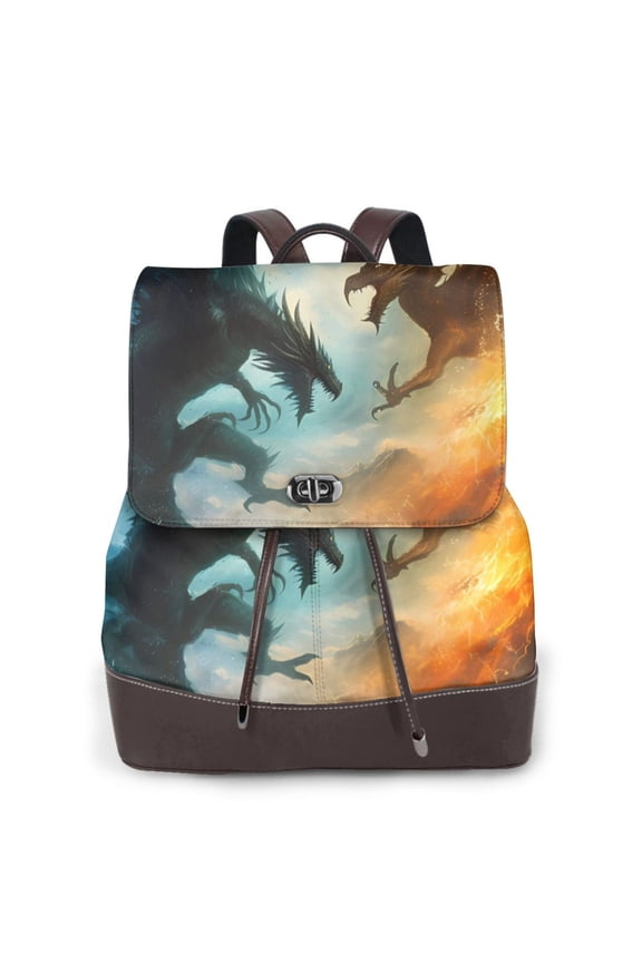 Red And Blue Flame Wave Dragon Print Large Backpack Soft Leather for Women Travel with Compartment, Adjustable Convertible Strap