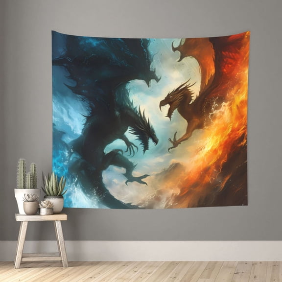 Xecao Red And Blue Flame Wave Dragon patten Tapestry 60x51 Inches Wall Hanging Poster Tapestry for Living Room Bedroom Home Decor